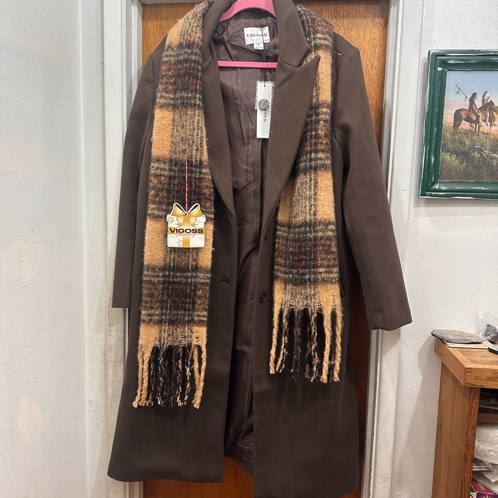NWT XL Vigoss Brown Pea Coat with bonus scarf